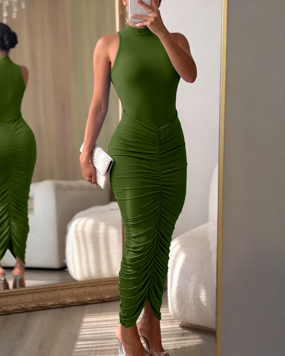 Women's Mock Neck Sleeveless Ruched Bodycon Dress Sexy Racerback Slit Slim Fit Party Dress