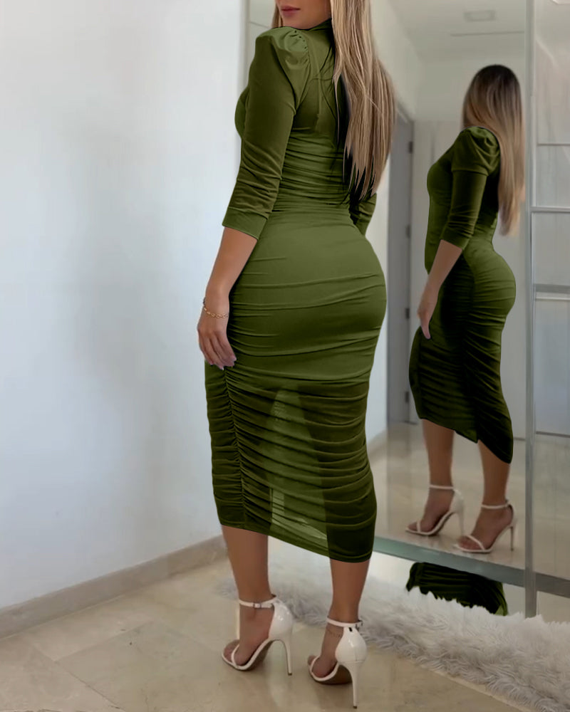 Women's 2 Piece Set Mesh Ruched Midi Dress Puff Sleeve Button Down Sheer Overlay Bodycon Dress with Camisole Slip Dress