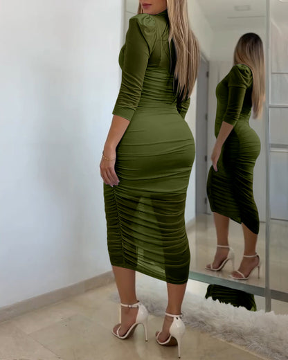 Women's 2 Piece Set Mesh Ruched Midi Dress Puff Sleeve Button Down Sheer Overlay Bodycon Dress with Camisole Slip Dress