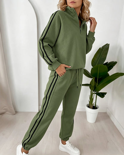 Women's Contrast Side Stripe Two Piece Sweatsuit Half Zip Sweatshirt and High Waisted Joggers Set Casual Tracksuit