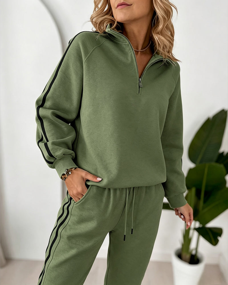 Women's Contrast Side Stripe Two Piece Sweatsuit Half Zip Sweatshirt and High Waisted Joggers Set Casual Tracksuit