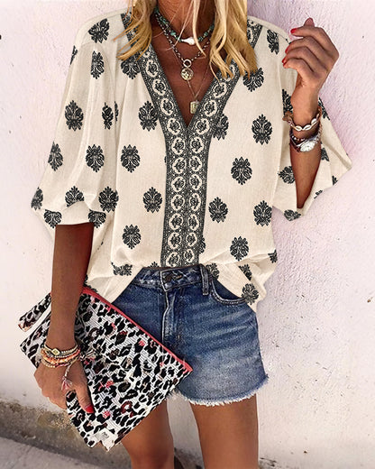 Vintage Baroque Placement Print V-Neck Lantern Sleeve Blouse Casual Long Sleeve Loose Fit Boho Top
