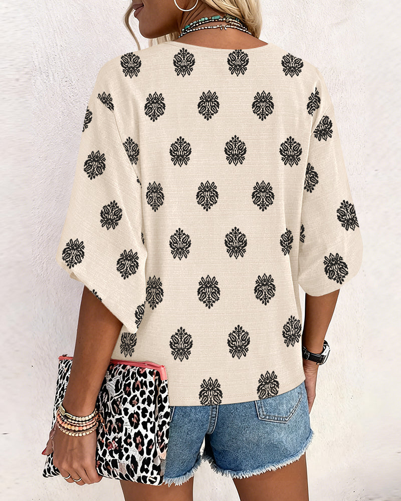 Vintage Baroque Placement Print V-Neck Lantern Sleeve Blouse Casual Long Sleeve Loose Fit Boho Top