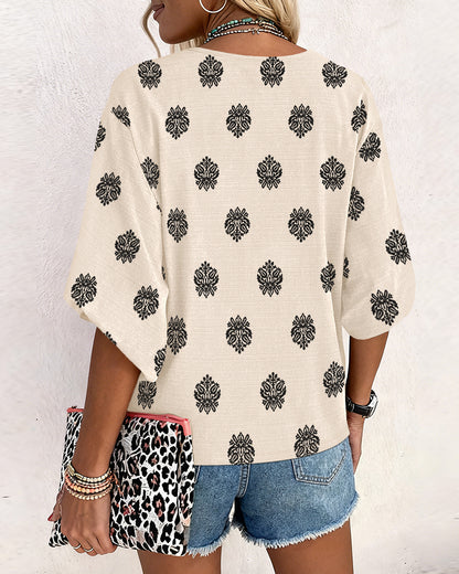 Vintage Baroque Placement Print V-Neck Lantern Sleeve Blouse Casual Long Sleeve Loose Fit Boho Top
