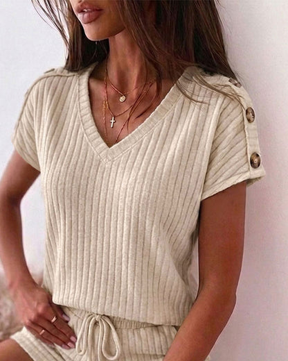 Women's Ribbed Knit 2 Piece Outfits V Neck Short Sleeve Top and Drawstring Shorts Set Casual Lounge Suits with Pockets