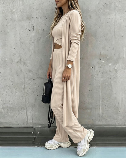 Women's 3 Piece Knit Set Long Cardigan Criss Cross Crop Tank Top and Wide Leg Pants Casual Ribbed Brushed Lounge Set