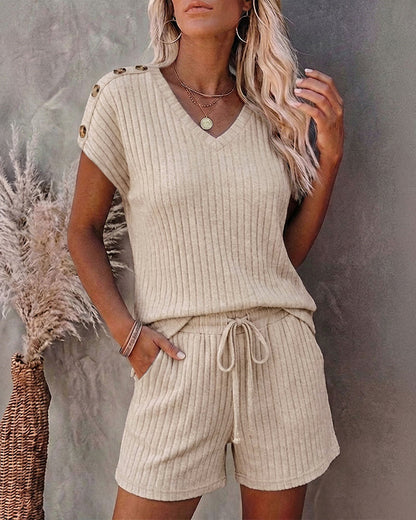 Women's Ribbed Knit 2 Piece Outfits V Neck Short Sleeve Top and Drawstring Shorts Set Casual Lounge Suits with Pockets