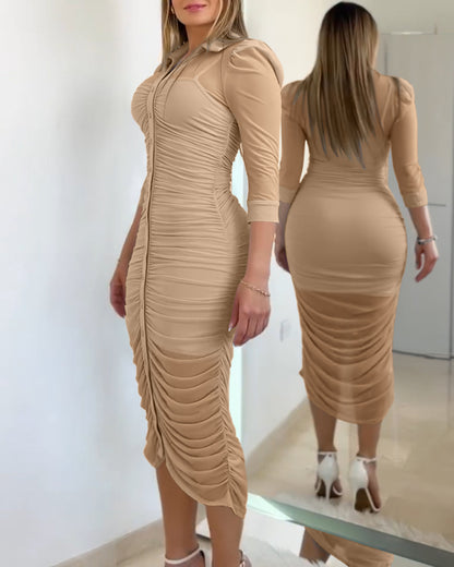 Women's 2 Piece Set Mesh Ruched Midi Dress Puff Sleeve Button Down Sheer Overlay Bodycon Dress with Camisole Slip Dress