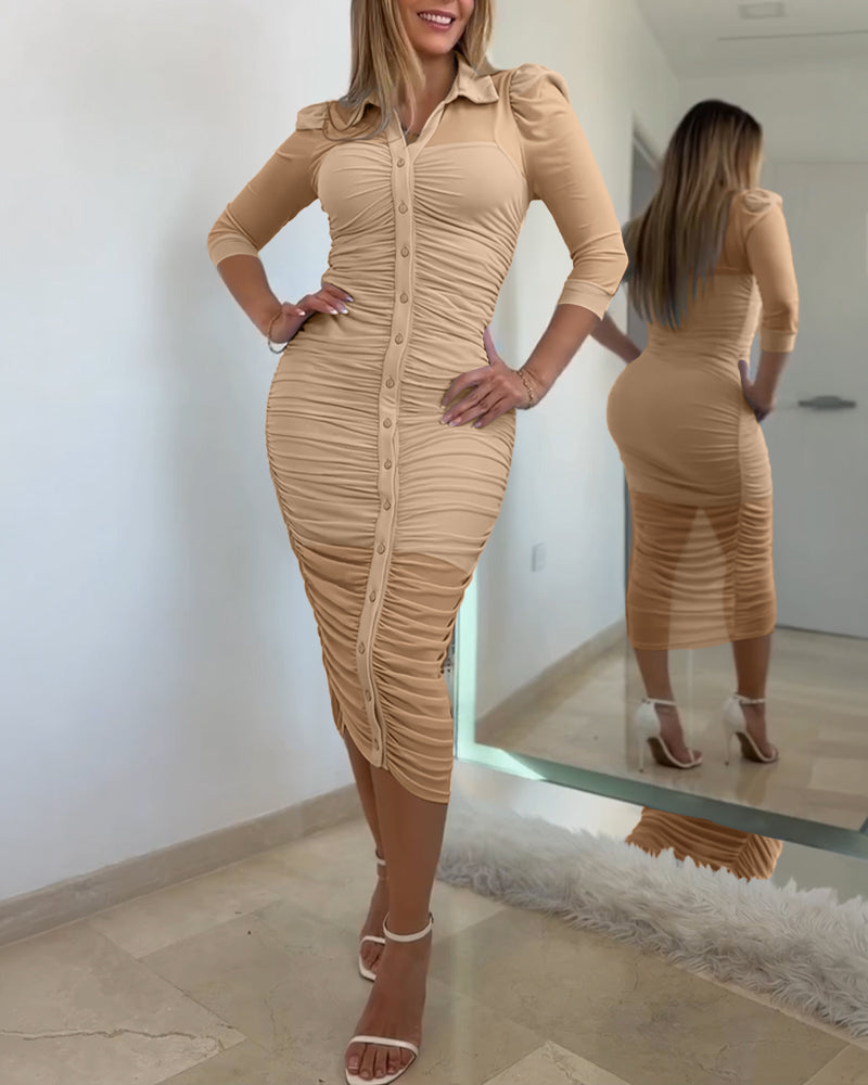 Women's 2 Piece Set Mesh Ruched Midi Dress Puff Sleeve Button Down Sheer Overlay Bodycon Dress with Camisole Slip Dress