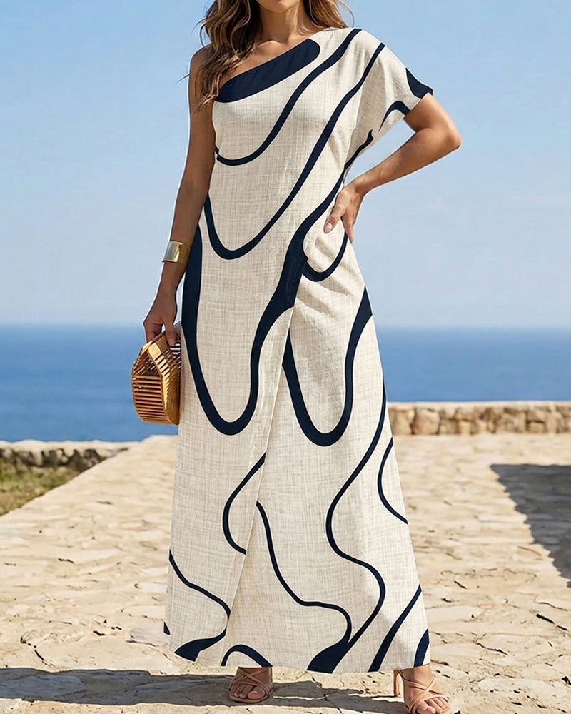 Abstract Print One Shoulder Bodycon Maxi Dress Casual Faux Two Piece Slit Dress