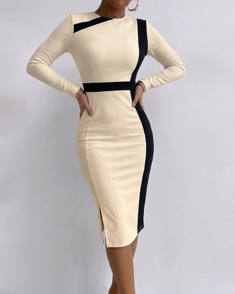 Vestido midi para mujer con ribete en contraste, manga larga, corte lápiz para oficina, entallado y con abertura lateral