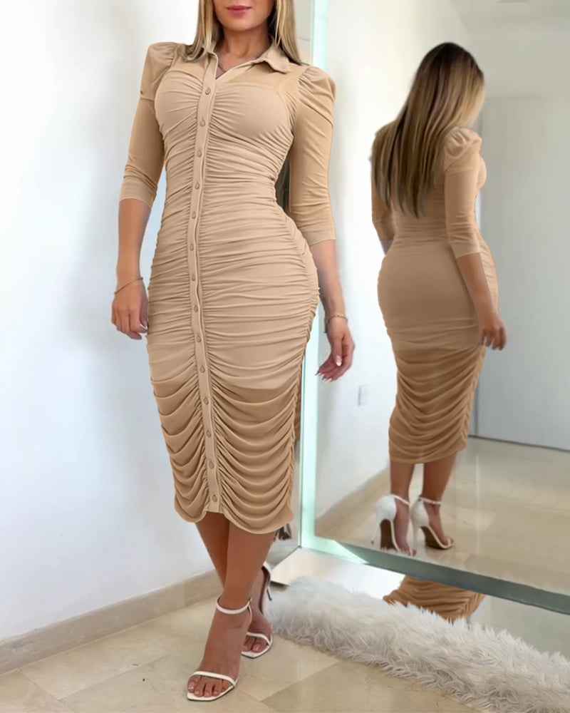 Women's 2 Piece Set Mesh Ruched Midi Dress Puff Sleeve Button Down Sheer Overlay Bodycon Dress with Camisole Slip Dress