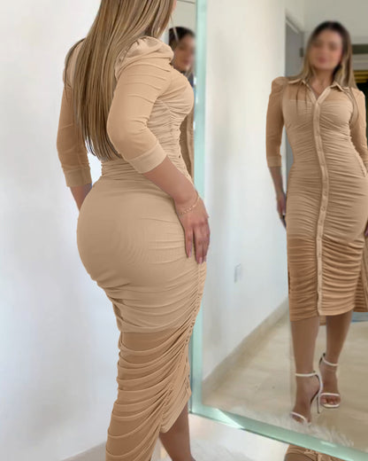Women's 2 Piece Set Mesh Ruched Midi Dress Puff Sleeve Button Down Sheer Overlay Bodycon Dress with Camisole Slip Dress
