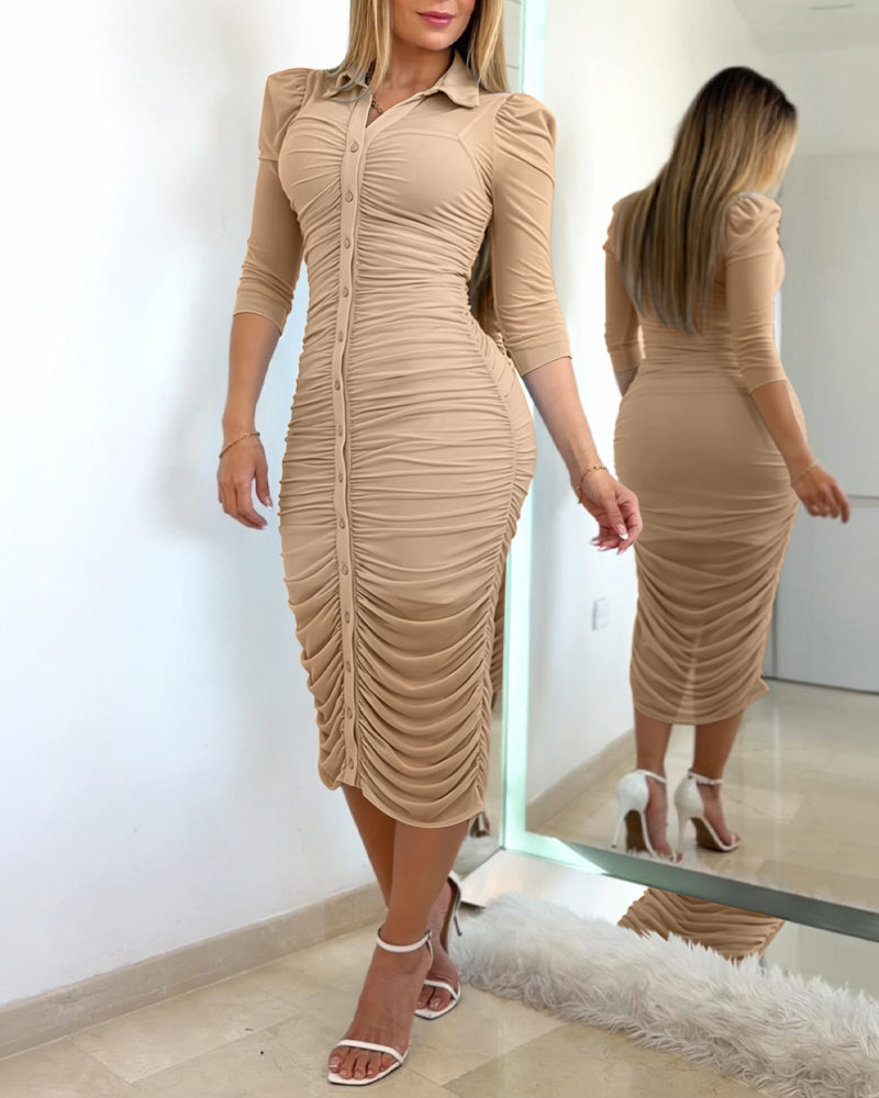 Women's 2 Piece Set Mesh Ruched Midi Dress Puff Sleeve Button Down Sheer Overlay Bodycon Dress with Camisole Slip Dress