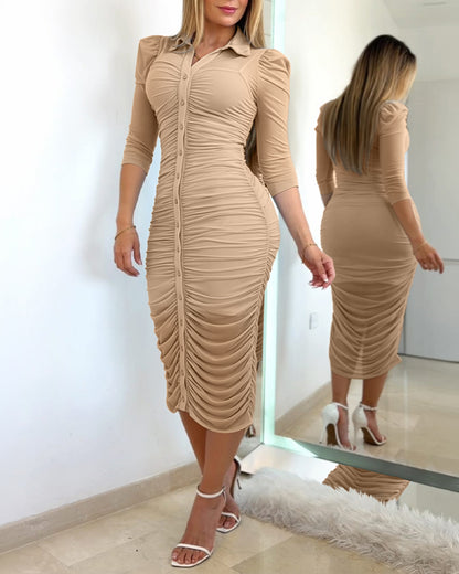 Women's 2 Piece Set Mesh Ruched Midi Dress Puff Sleeve Button Down Sheer Overlay Bodycon Dress with Camisole Slip Dress