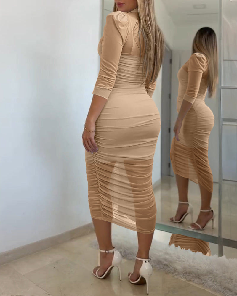 Women's 2 Piece Set Mesh Ruched Midi Dress Puff Sleeve Button Down Sheer Overlay Bodycon Dress with Camisole Slip Dress