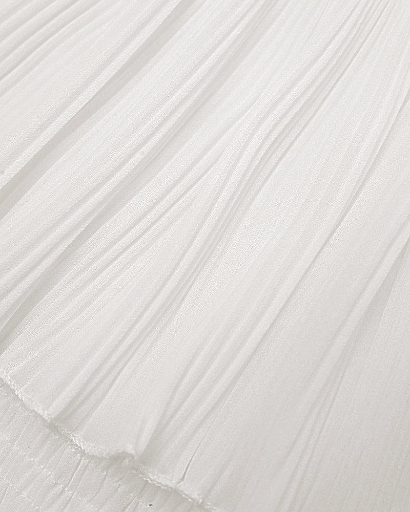 Vestido largo de fiesta con volantes superpuestos, fruncido, corte ajustado y sin tirantes, con textura