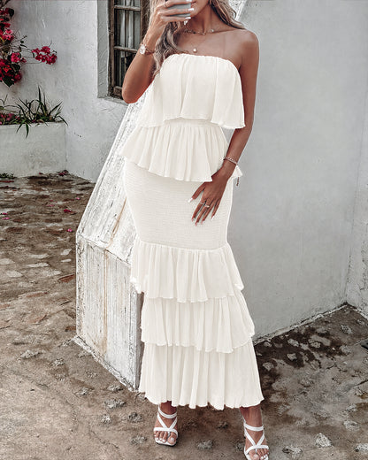 Vestido largo de fiesta con volantes superpuestos, fruncido, corte ajustado y sin tirantes, con textura
