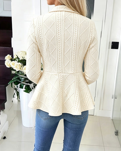 Women's Argyle Cable Knit Jacket Elegant Lapel Collar Gold Button Down Cardigan Ruffle Hem Long Sleeve Coat