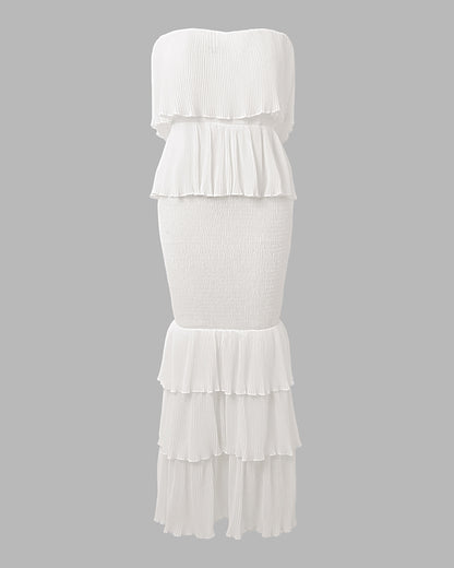 Vestido largo de fiesta con volantes superpuestos, fruncido, corte ajustado y sin tirantes, con textura