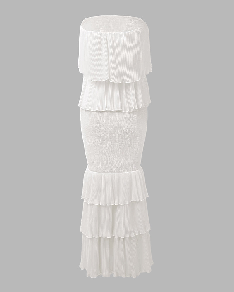 Vestido largo de fiesta con volantes superpuestos, fruncido, corte ajustado y sin tirantes, con textura