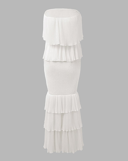 Vestido largo de fiesta con volantes superpuestos, fruncido, corte ajustado y sin tirantes, con textura