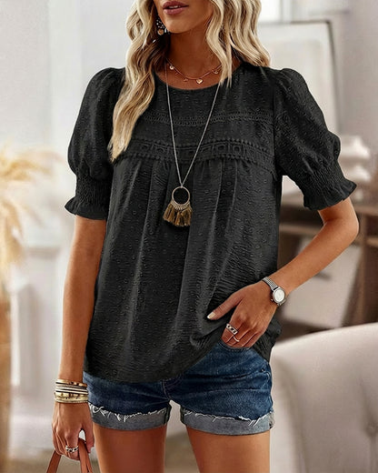 Puff Sleeve Hollow-out Lace Spliced 3D Jacquard Blouse Casual Shirred Cuffs Loose Fit Top