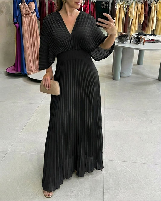 Deep V-Neck Batwing Sleeve High Waist Pleated Maxi Dress Casual Cinched Waist Backless Tied Detail Zipper Back Evening Dress