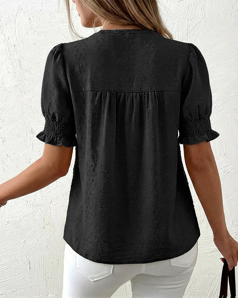 Puff Sleeve Hollow-out Lace Spliced 3D Jacquard Blouse Casual Shirred Cuffs Loose Fit Top