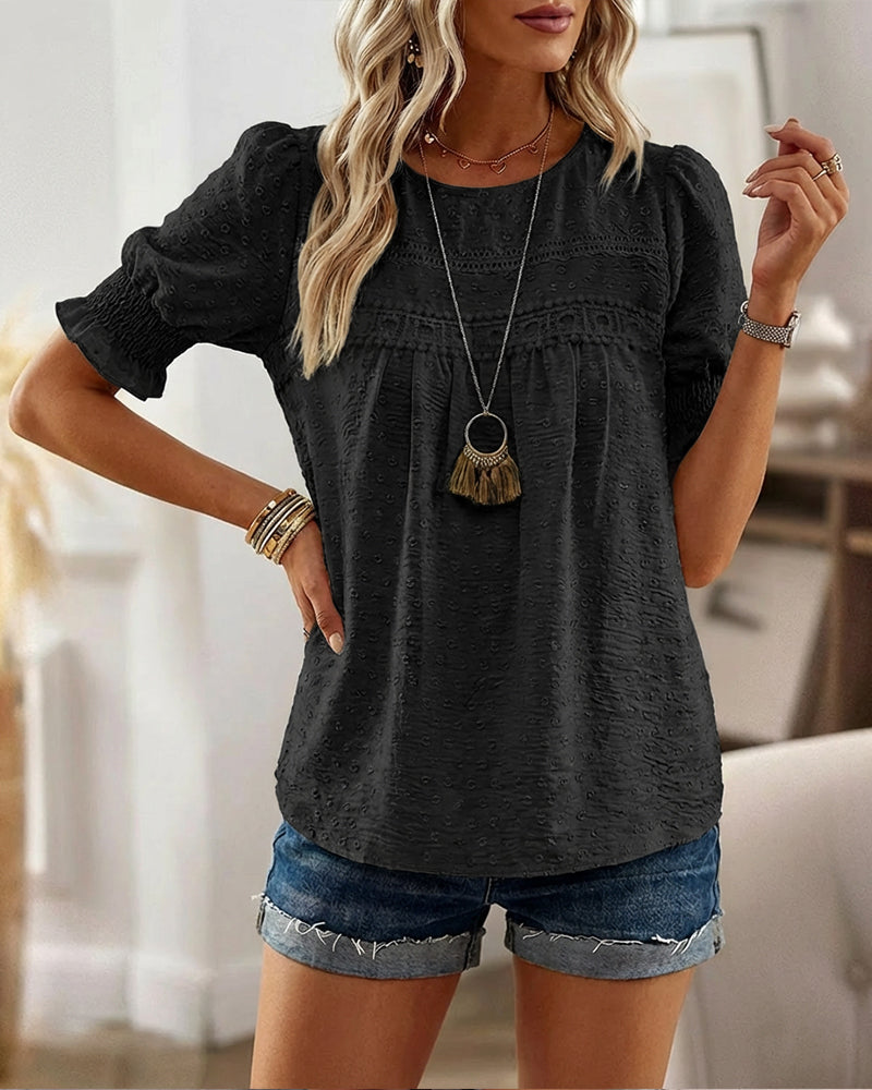 Puff Sleeve Hollow-out Lace Spliced 3D Jacquard Blouse Casual Shirred Cuffs Loose Fit Top