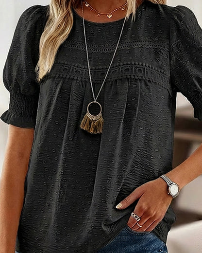 Puff Sleeve Hollow-out Lace Spliced 3D Jacquard Blouse Casual Shirred Cuffs Loose Fit Top