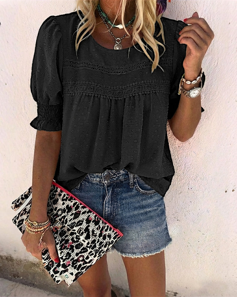 Puff Sleeve Hollow-out Lace Spliced 3D Jacquard Blouse Casual Shirred Cuffs Loose Fit Top