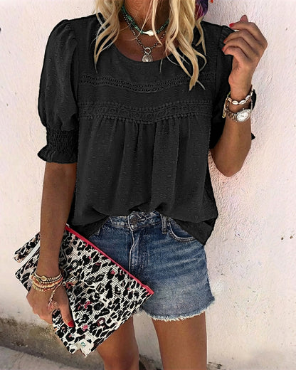 Puff Sleeve Hollow-out Lace Spliced 3D Jacquard Blouse Casual Shirred Cuffs Loose Fit Top