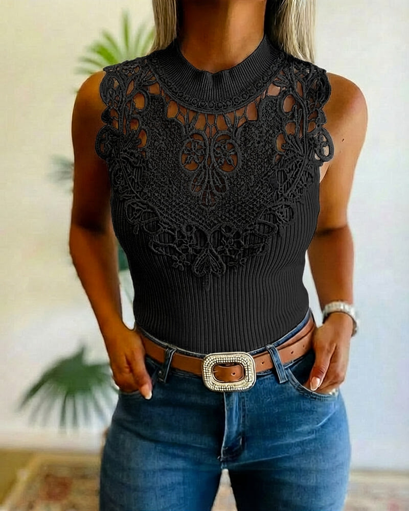 Mock Neck Sleeveless Guipure Lace Spliced Tank Slim Fit Ribbed Knit Top