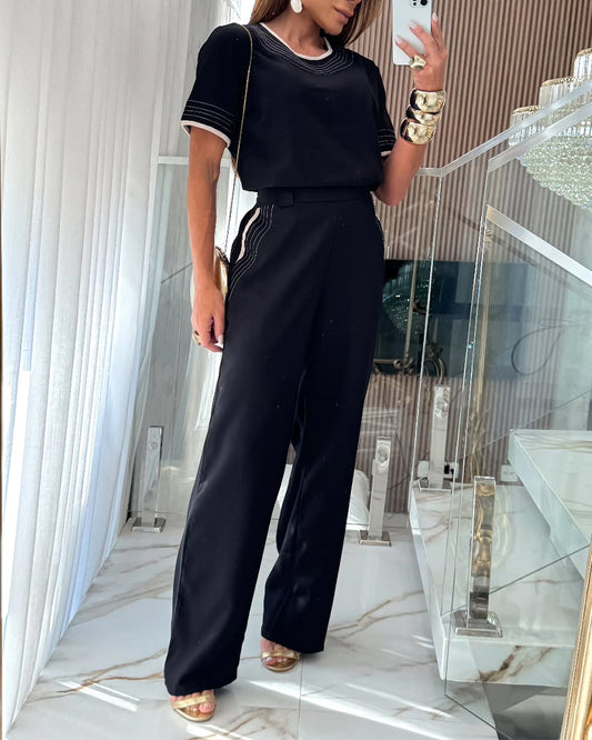 2 Pieces Outfit Short Sleeve Pullover Top and Elastic Waist Wide Leg Pants Set Casual Contrast Paneled Set