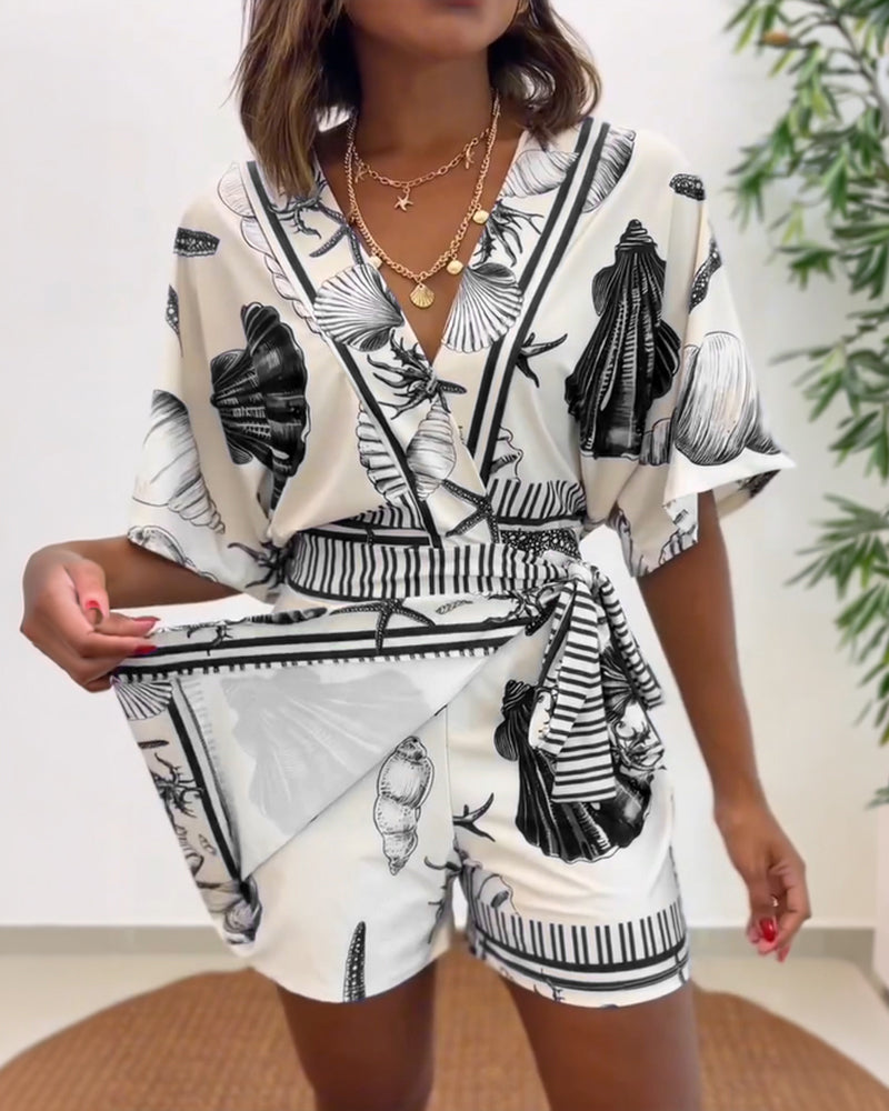 Starfish & Seashell Print Overlap V Neck Half Sleeve Wrap Knot Side Romper Casual Stretchy Back Waist Vacation Romper