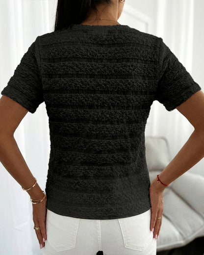 Round Neck Short Sleeve Pearls Button Front Textured Top