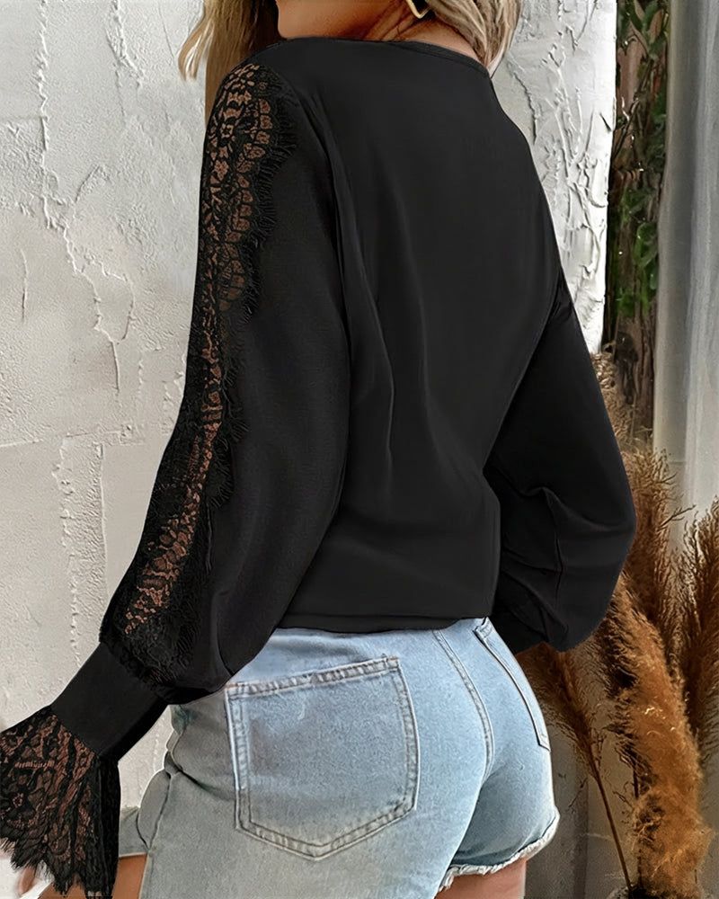 V-Neck Eyelash Lace Patch Ruffles Button Down Blouse Top
