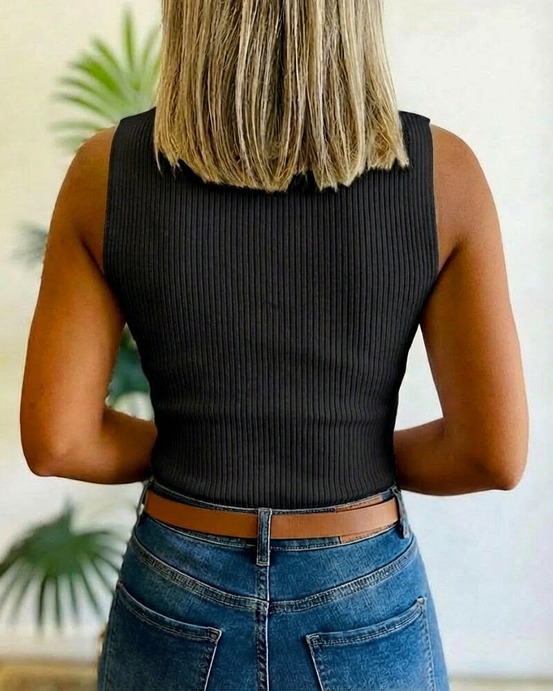 Mock Neck Sleeveless Guipure Lace Spliced Tank Slim Fit Ribbed Knit Top