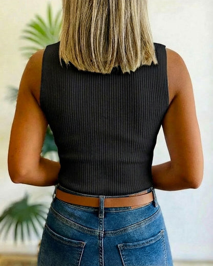 Mock Neck Sleeveless Guipure Lace Spliced Tank Slim Fit Ribbed Knit Top