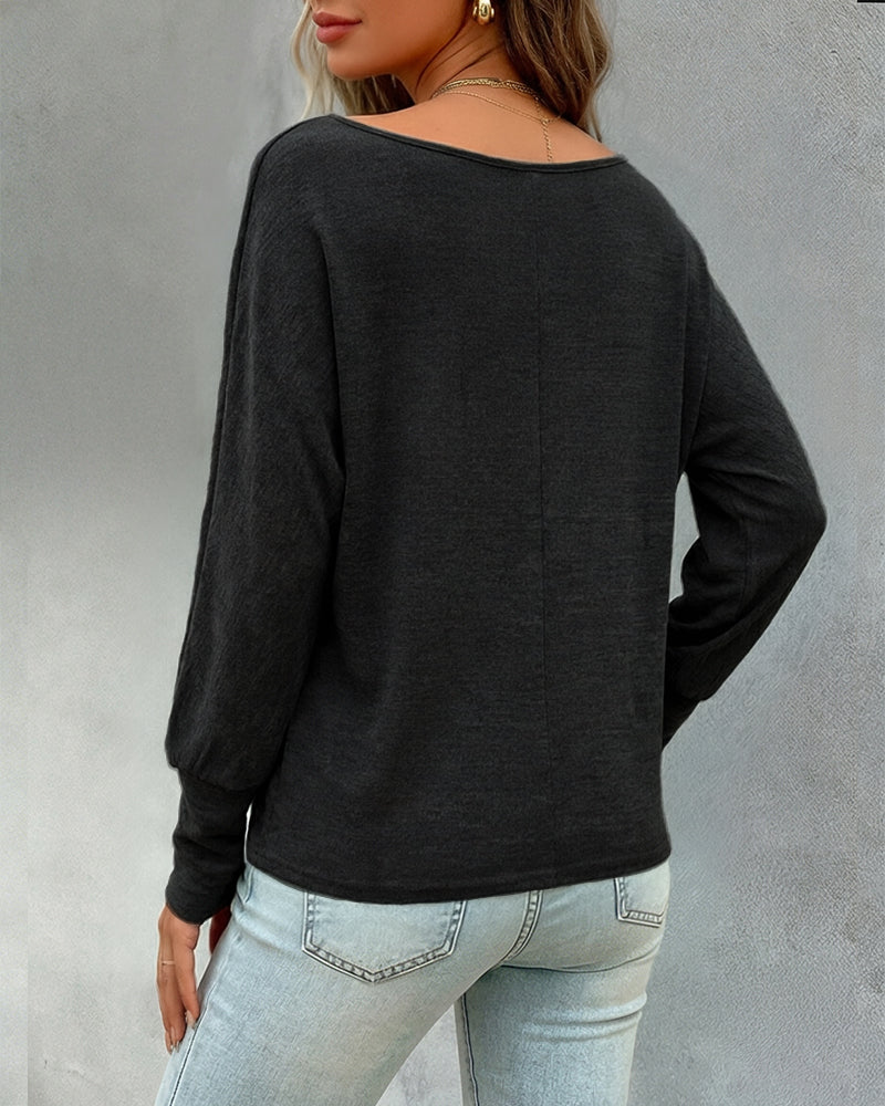 Women's Convertible Shoulder Batwing Sleeve Top Long Sleeve Loose Fit Casual Knit Tee