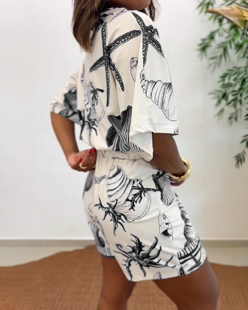 Starfish & Seashell Print Overlap V Neck Half Sleeve Wrap Knot Side Romper Casual Stretchy Back Waist Vacation Romper
