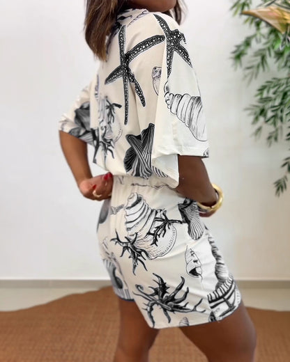 Starfish & Seashell Print Overlap V Neck Half Sleeve Wrap Knot Side Romper Casual Stretchy Back Waist Vacation Romper