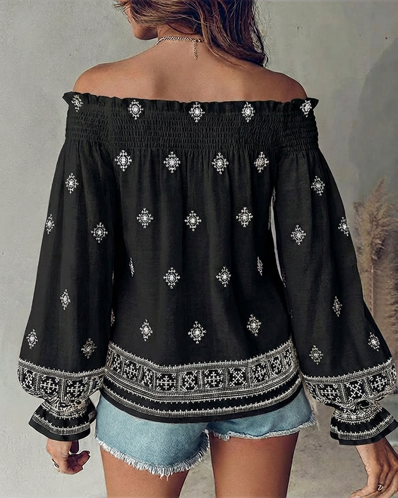 Vintage Tribal Placement Print Shirred Off Shoulder Flared Cuffs Blouse Casual Frill Trim Boho Top