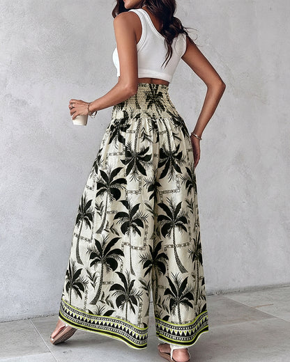 Vintage Plants Print High Waist Shirred Elastic Waist Wide Leg Pants