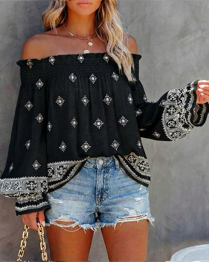Vintage Tribal Placement Print Shirred Off Shoulder Flared Cuffs Blouse Casual Frill Trim Boho Top