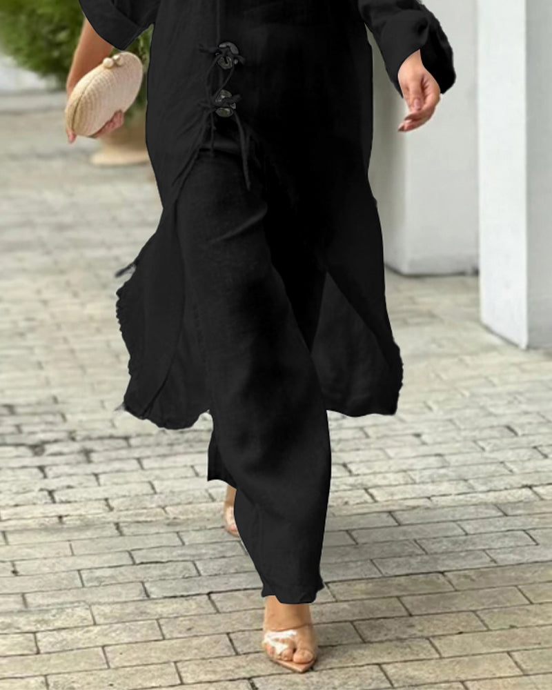 2 Pieces Outfit Button Decor One Shoulder Turn-Up Sleeves Slit Raw Edges Top and Casual Drawstring Elastic Waist Wide Leg Pants Set