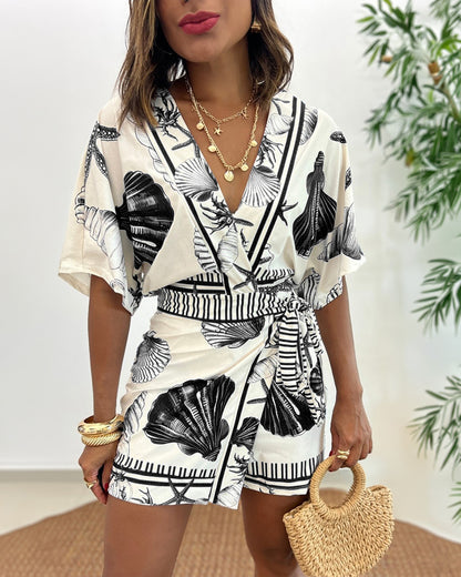 Starfish & Seashell Print Overlap V Neck Half Sleeve Wrap Knot Side Romper Casual Stretchy Back Waist Vacation Romper