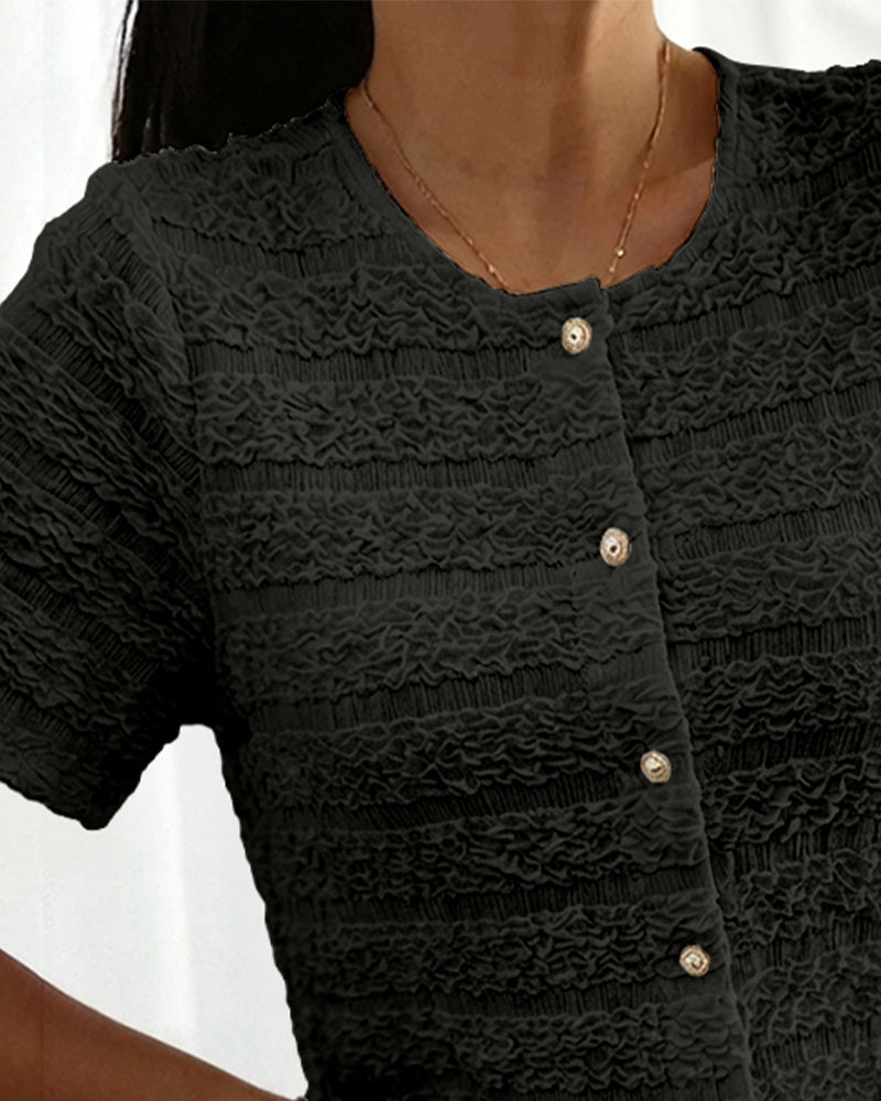 Round Neck Short Sleeve Pearls Button Front Textured Top