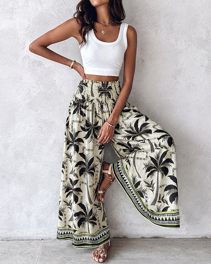 Vintage Plants Print High Waist Shirred Elastic Waist Wide Leg Pants